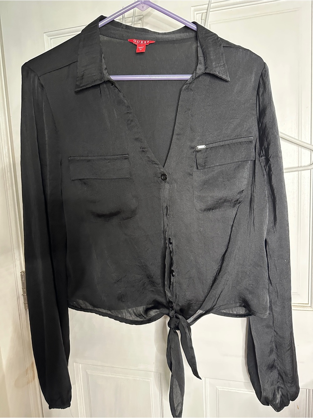 GUESS sheer Black Tie-Front Button-Down Blouse